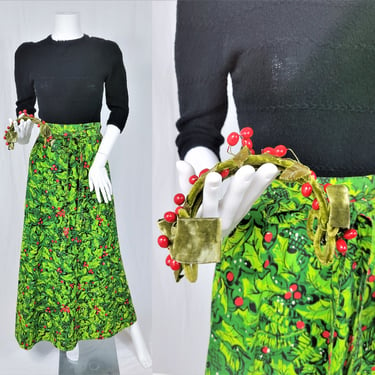 Claire Marie 1970's Green Cotton Holly Berry Print Long Wrap Skirt I Sz Med I Christmas Skirt 