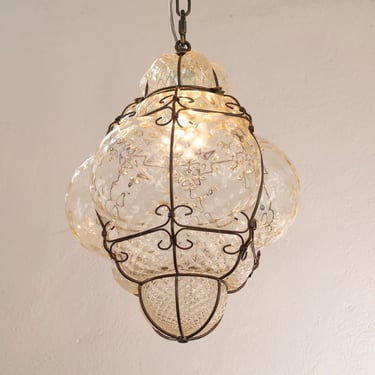 Blown Murano glass lantern lamp champagne color, Made in Italy vintage style chandelier 