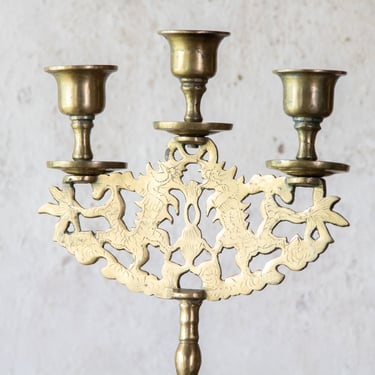 Brass Dragons Candelabra, Vintage Three Light Chinese Candleholder 