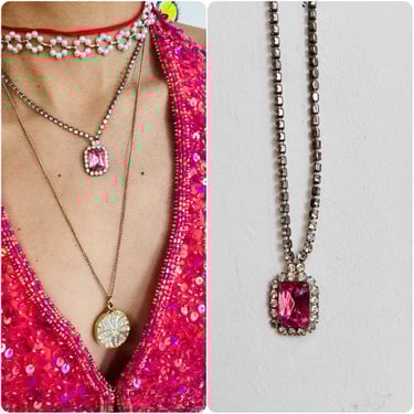 Vintage 1950s Rhinestone and Emerald Shape Pink Crystal Pendant | Rare 