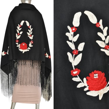 Vintage Native Style Black Wool Shawl Cape with Red Floral Embroidery and Fringe 