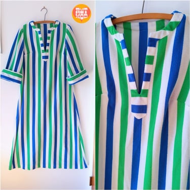 Fun Vintage 60s 70s Green Blue White Stripe Fuzzy Long Tunic Robe Dress Loungewear 