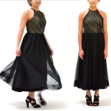 Vintage 50s Black Dress Size Small Medium Party Dress Halter Neck// Vintage 1950s Black Chiffon Sundress Size Small Medium 