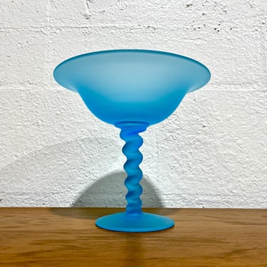 Vintage 1950s Mid Century Modern Satin Peacock Blue Glass Compote With Twisted Stem By Tiffin 