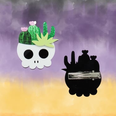 Cactus & Succulent Hair Clip - Spooky Skull Plant Barrette - Halloween Gothic Acrylic Accessory 