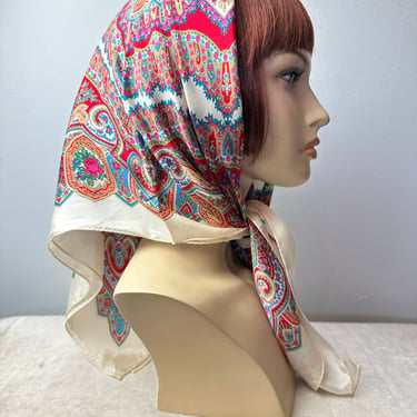 All silk scarf~ vintage 1960’s large square scarves paisley print white red pink colorful  head scarf shawl versatile MCM 
