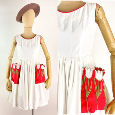 50s Tulip Dress / Vintage White Summer Dress / Easter Dress / MCM / 1950s Dress / Size XXS/XS 