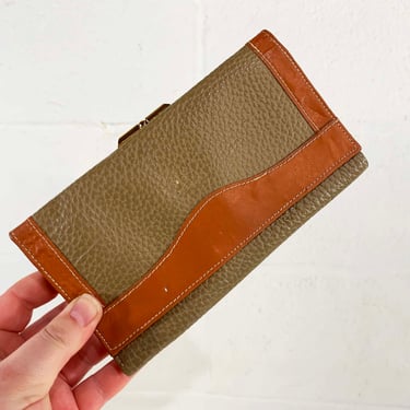 Vintage Pebbled Leather Wallet Accessories Kisslock Coin Change Purse Check Book Brown Gray 1980s 80s 