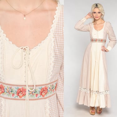 Gunne Sax Dress 70s Gingham Prairie Dress Cream Maxi Peasant Long Puff Sleeve Floral Crochet Tapestry Lace Up Corset Vintage 60s Small S 