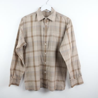 vintage 1980s brown/tan PLAID long sleeve vintage soft men's button down oxford shirt -- size medium 