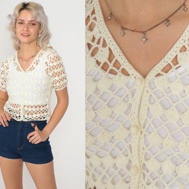 Cream Crochet Cardigan 80s Crop Top Button up Open Weave Knit Shirt Sheer Cropped Blouse Summer Festival Short Sleeve Vintage 1980s Small S 