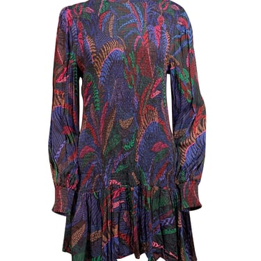 Farm Rio - Blue, Black, & Multi Color Print Smocked Long Sleeve Mini Dress Sz L