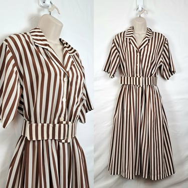 Vintage 70s Brown & White Stripe Dress, Size Large 