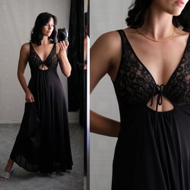 Vintage 70s Black Sheer Romantic Revealing Nightgown Slip w/ Plunging Floral Lace Bust | Keyhole, Peek-A-Boo | 1970s Negligee Boudoir Gown 