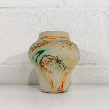 Vintage Nemadji Art Pottery Vase Swirl Handmade USA Flower Green Brown Orange Swirl Vanity Seven Falls Colorado MCM Beige 1970s 