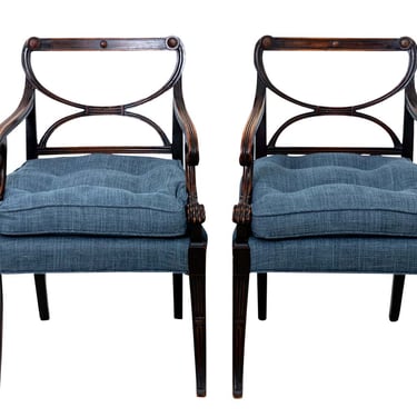 Pair of Antique Regency Style Arm Chairs Upholstered with Blue Tufted Seat Cushions
