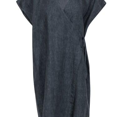 Eileen Fisher - Dark Grey Chambray Organic Linen Wrap Dress Sz S