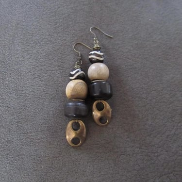 Batik print bone, wooden, and bronze earrings 