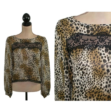 90s Long Sleeve Sheer Blouse Medium, Animal Print Chiffon Open Back Top, See Through with Lace Trim, 1990s Clothes Women Vintage 