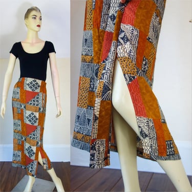 Vintage 90s straight cut midi skirt size large, multicolor long faux wrap skirt, tribal print ethnic pattern for hippie boho style 