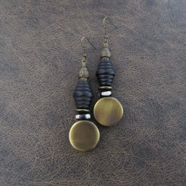 Bronze and black wooden geometric earrings 
