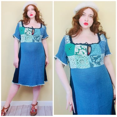 1990s Vintage Homemade Knit and Crochet Dress / 90s Blue Granny Square Patchwork Midi Dress / Size Large - XL 