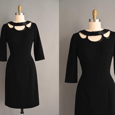 vintage 1950s Dress | Scallop Beaded Cut-out Neckline Cocktail Party Wiggle Dress | Large 