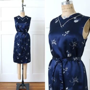 vintage 1960s blue shift dress • sleeveless silk satin dress in cherry blossom floral brocade • Mayfield Mall 'The Mandarin Shop' 
