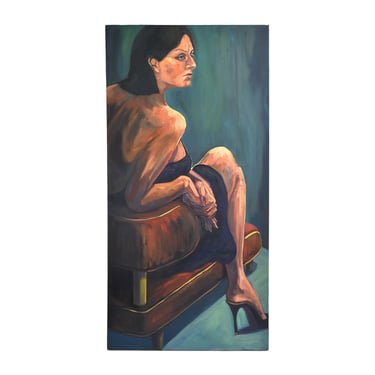Seated Woman in Sleek Dress Oil Painting by Lenell Chicago Artist 