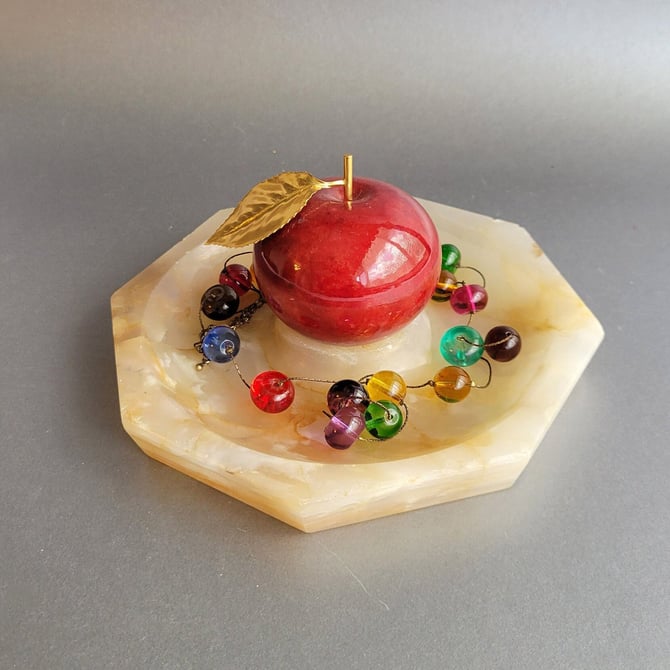 Carved onyx trinket plate Stone jewelry dish Alabaster office desk organizer Vanity or desk decor 
