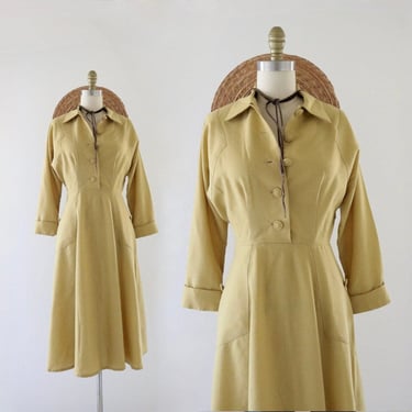 40s marigold wool dress - 4 - vintage forties womens long sleeve mid century small gold yellow dolman dress 
