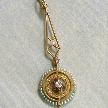 Antique 14K Gold Lavaliere Pendant With Diamond and Wired Pearls, Antique Gold Lavaliere Pendant, Bridal Jewelry  (#4579) 