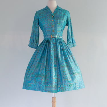 Darling 1960's Turquoise & Gold Polished Cotton Day Dress / Small