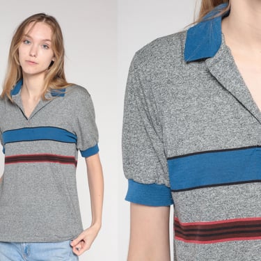 Grey Striped Polo Shirt 80s Collared T-shirt Retro Half Button Up Preppy Basic Casual Navy Blue Red Streetwear Flecked Vintage 1980s Small S 