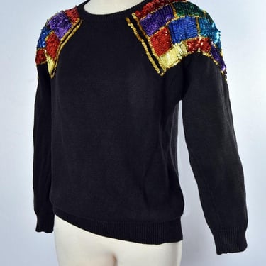 80's Sequin Black Pullover SWEATER Vintage 1980's, 38