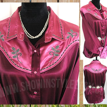 Vintage Retro Women's Cowgirl Shirt by Panhandle Slim, Rodeo Queen, Pink & Burgundy with Embroidered Leaves, Size XLarge (see meas. photo) 