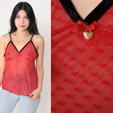 Sheer Red Cami Top 90s Lace Lingerie Camisole Heart Print Empire Waist Ribbon Bow Charm Romantic Sexy Intimates Sleep Vintage 1990s Medium M 