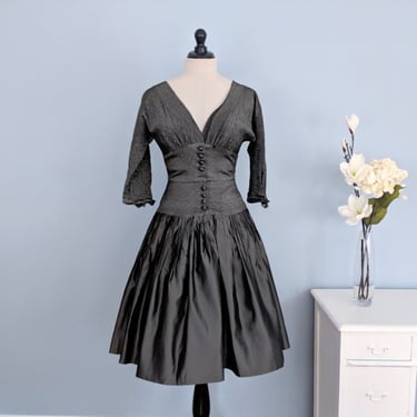 Vintage 50s Slate Gray Taffeta Cocktail Dress, 1950s Full Skirt Evening Gown Party Dress, 1950s Prom Dress 
