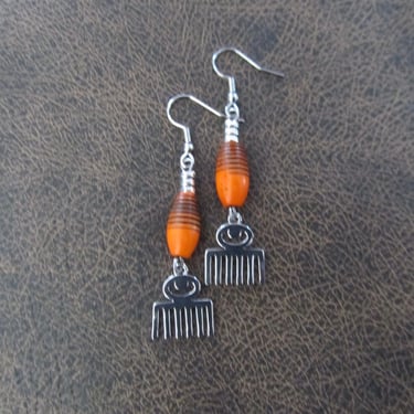 Afro pick earrings, adinkra symbol earrings, beauty earrings, Afrocentric earrings, comb earrings, silver earrings, orange 