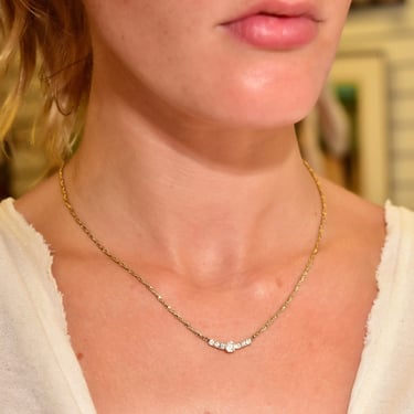 Diamond Bar Necklace In 14K Yellow Gold, Shared Prong Setting, 2mm Singapore Chain, Elegant Collar Necklace, 17 1/2