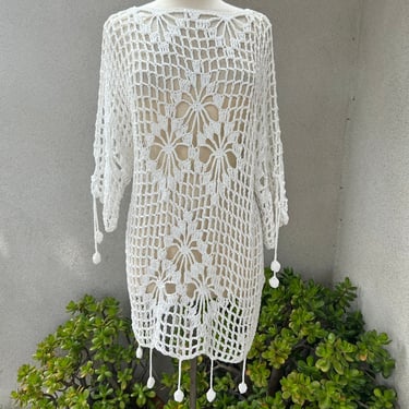 Vintage boho crochet white knit swimwear cover up dress tassels Sz Small by Rico 