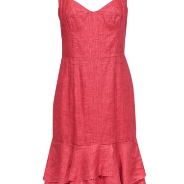 Milly - Red &quot;Kendall&quot; Linen Fitted Midi Dress w/ Detailed Bodice &amp; Ruffle Hem Sz 8