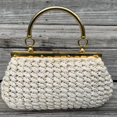 1960s cream raffia handbag vintage gold hinged speedy purse 