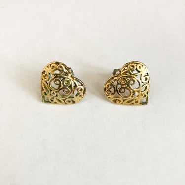 80s Gold Heart Filigree Stud Post Earrings 