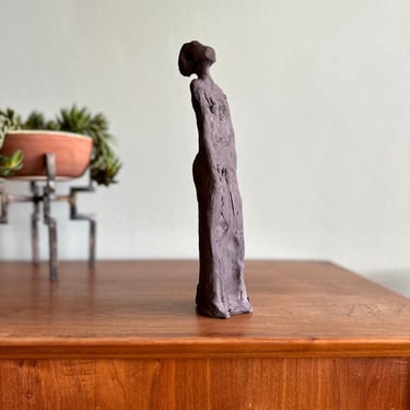 Vintage abstract statue of a woman / black clay expressive sculpture 