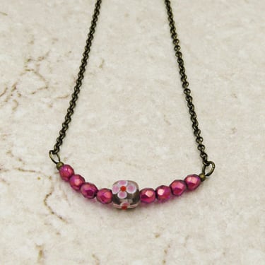 Berry Pink Beaded Choker Necklace with Flower Lampwork Bead 