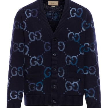 Gucci Men Wool Cardigan With Gg Intarsia