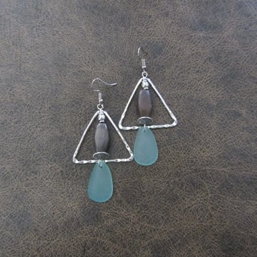 Hammered silver triangle and sea glass earrings 