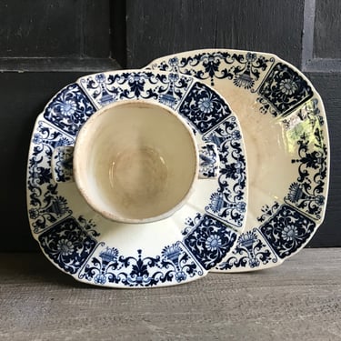 French Indigo Faïence Sugar Bowl, Saucer, Gien Faïence, Tea Stained, Blue and White, French Farmhouse 