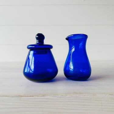 Hand Crafted Cobalt Blue Cream and Sugar Vintage Blown Glass 4.25 Inches Tall 